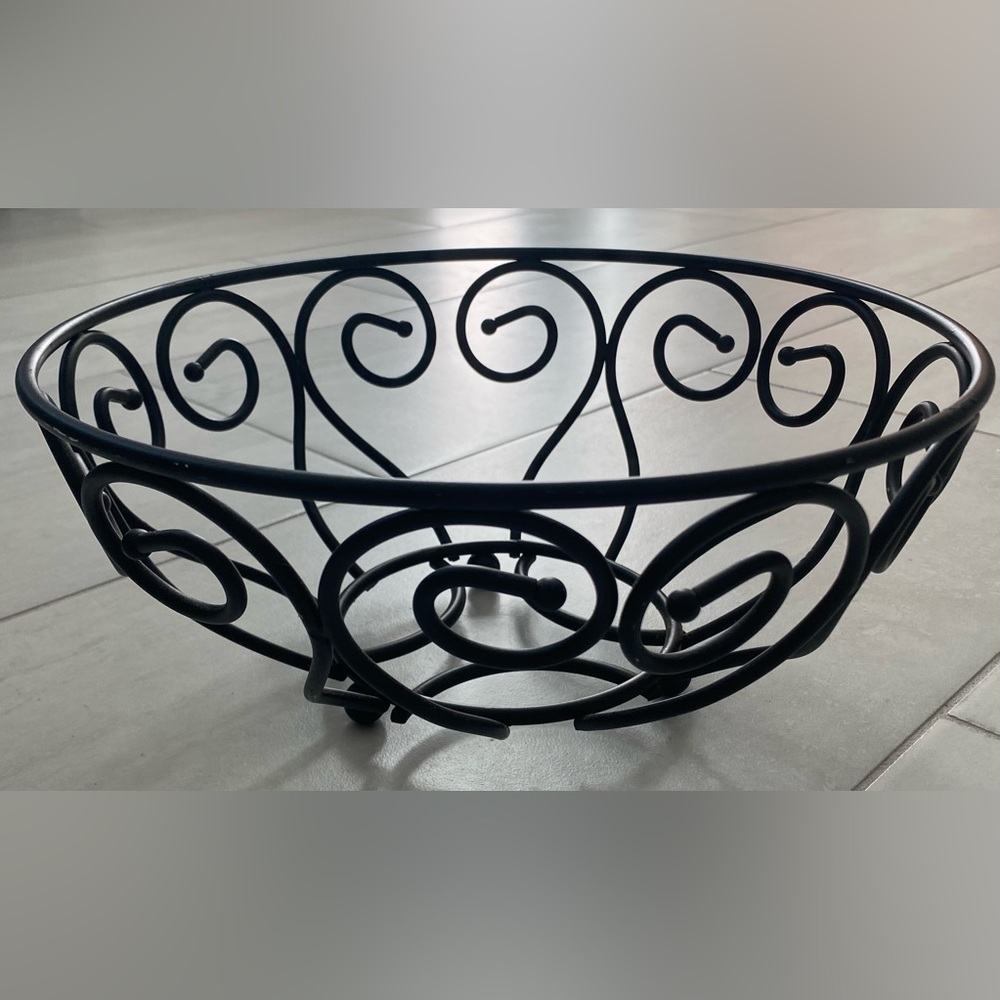 Wrought Iron Designer Bowl, 3 Ball Feet. 11-1/2”W(top) x 5-1/2”H x 5-1/2”W(Feet)